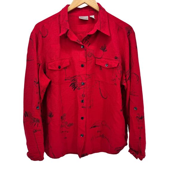 Chico's Blouse Womens XL Red Silk Button Up Roll Tab Sleeve Safari Theme Artsy - Picture 1 of 10